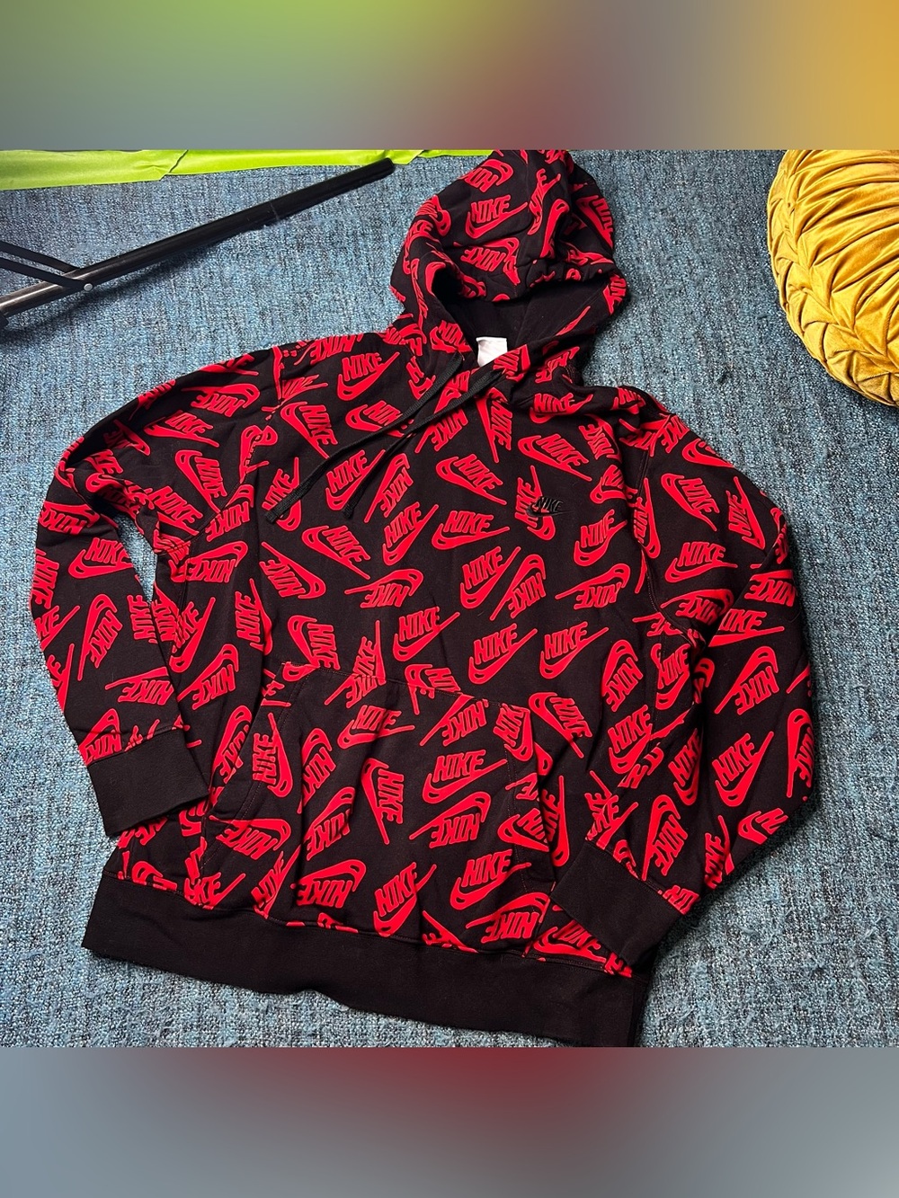 Nike Men's Allover Print Swoosh Logo Pullover Hoodie Black Red Size Large